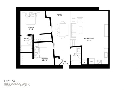 Floor plan for 2 beds, 1 bath, 1132 sqft